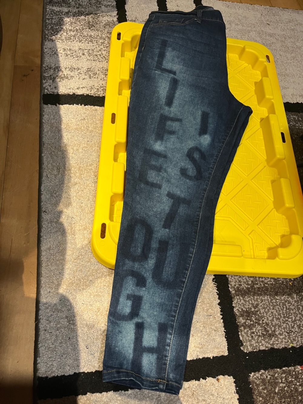 Dark Wash Jeans with Large Graphic Lettering. Life is tough but so am I letters.